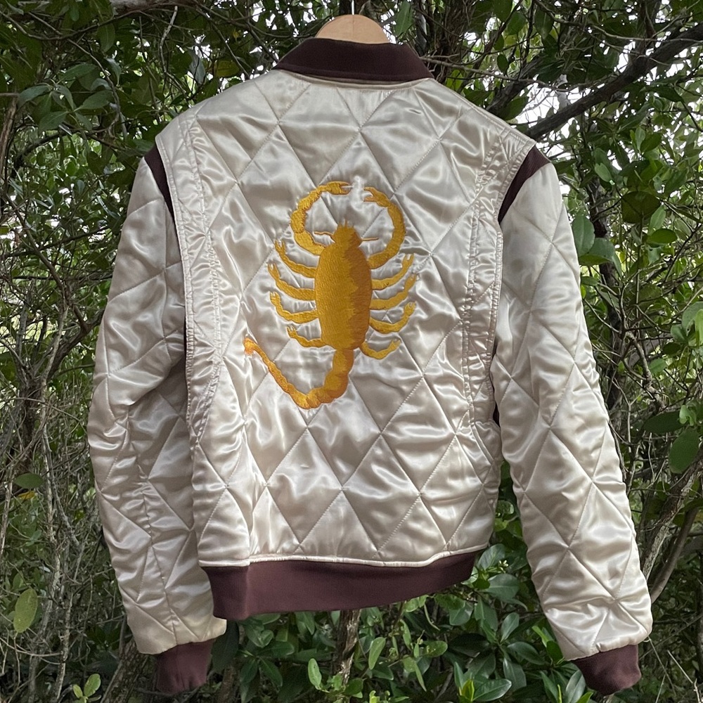 Drive Movie Embroidered Scorpion Ryan Gosling White Slim Fit Biker Satin Jacket